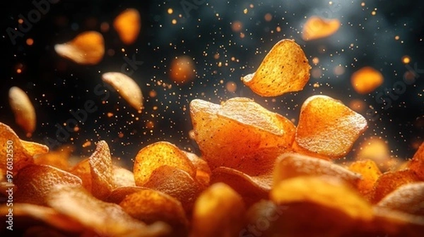 Fototapeta A dynamic display of flying potato chips in a dark setting.