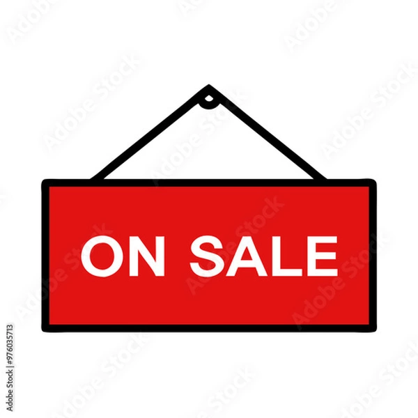 Fototapeta Simple graphic of a hanging sign with "ON SALE" text promoting discounts and special offers