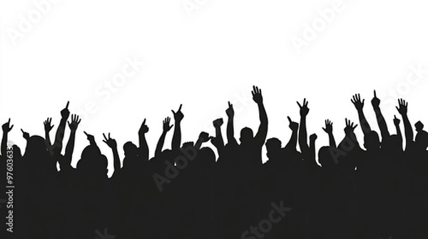 Obraz Silhouette of a large crowd of people with their hands raised in the air.