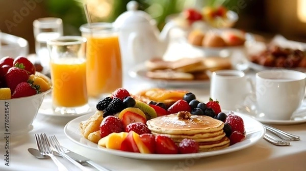 Fototapeta A delicious breakfast spread featuring pancakes, fresh fruits, and beverages, perfect for a morning feast or brunch setting.