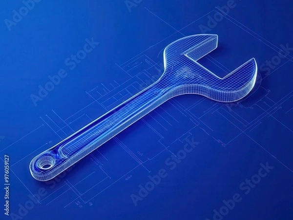 Fototapeta High-tech blueprint of wrench with digital holographic effects, futuristic design