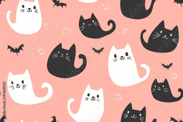 Fototapeta Halloween seamless pattern. Illustration of kawaii ghost kittens on a pink background.