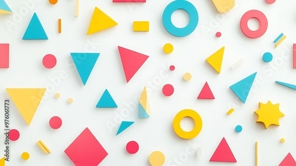 Fototapeta Symmetrical Minimalist Geometric Pattern with Vibrant Circles, Triangles, and Squares on White Background