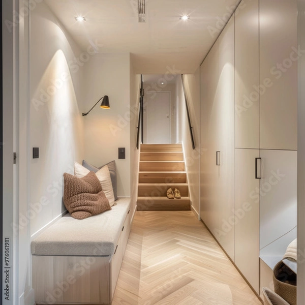 Fototapeta A modern, well lit corridor with cozy bench, pillows, and wooden stairs leading to an upper floor. space is designed with light colored walls and wooden flooring, creating warm and inviting atmosphere