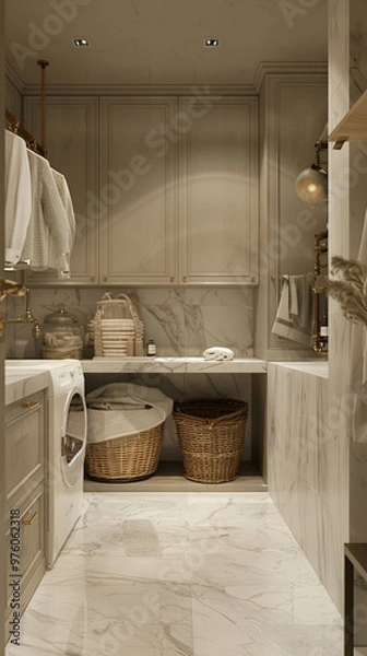 Fototapeta A modern laundry room with marble flooring, wooden cabinets, and wicker baskets. space is well organized and features washing machine, hanging clothes, and various storage solutions