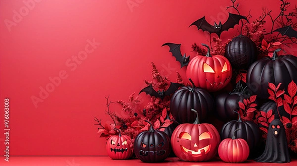 Fototapeta Black and red halloween pumpkin copyspace background
