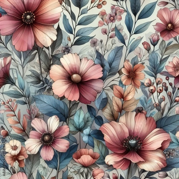 Obraz floral seamless pattern with drawing watercolor abstract flowers and plants