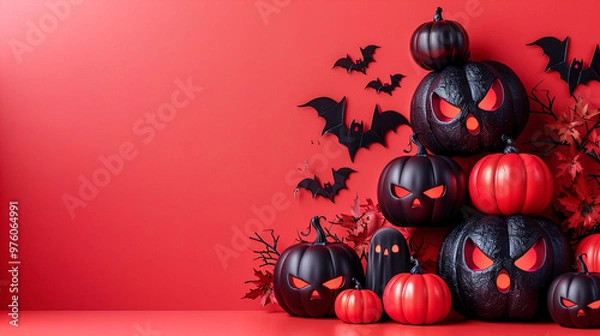 Fototapeta Black and red halloween pumpkin copyspace background