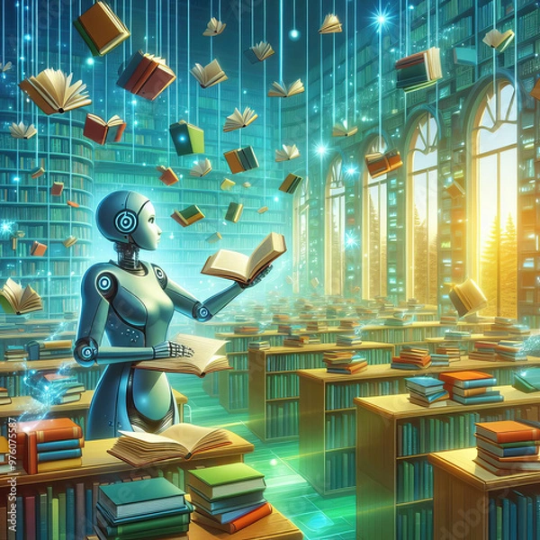 Fototapeta The robot librarian at work reads a book and searches for the necessary information in the library.