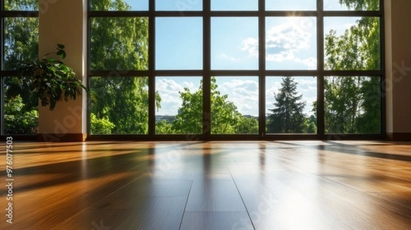 Obraz A modern interior featuring a large window with a view of trees and a beautiful hardwood floor. The sunlight streaming through the window creates a warm and inviting atmosphere.