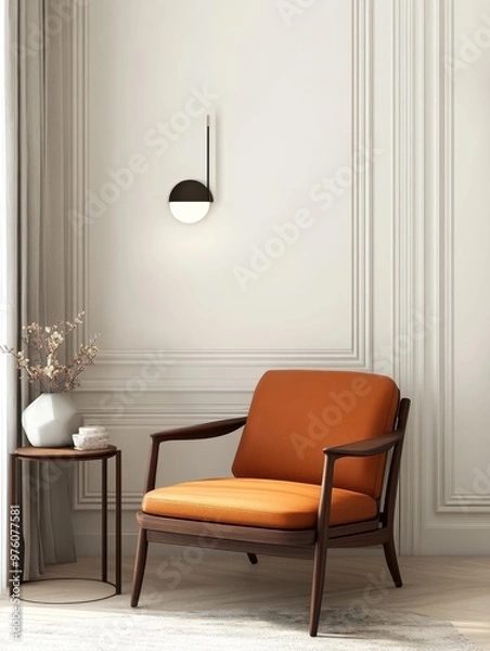 Fototapeta A modern living room featuring a comfortable orange armchair placed against a white wall with minimalist wall decor. The room exudes a sense of calm and sophistication with its clean lines and neutral