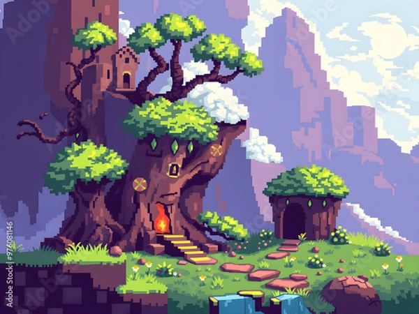 Obraz landscape with trees and flowers