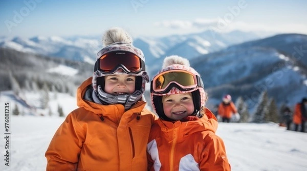 Fototapeta Happy kids standing on a ski slope at a ski resort. Young smiling children in skiing helmets and goggles standing on top of a snowy mountain on a sunny winter day. Kids snowboarding on winter holidays