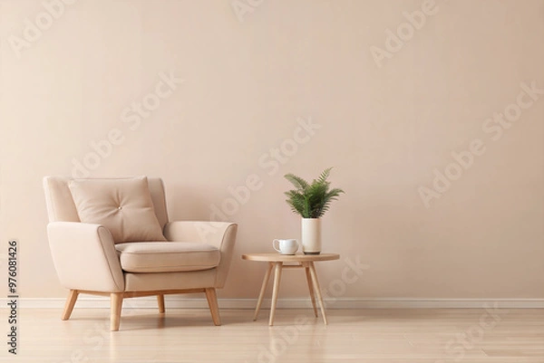 Fototapeta Stylish and Simple Living Room Setup with a Cozy Beige Armchair, Minimalist Side Table, and Vibrant Green Plant, Ideal for Adding a Touch of Serenity to Your Home Decor