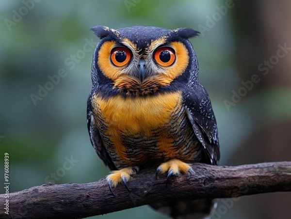 Fototapeta This image showcases a vibrant owl with bright orange eyes perched on a dark branch, its black and yellow feathers contrasting vividly against the green backdrop, creating a haunting presence.