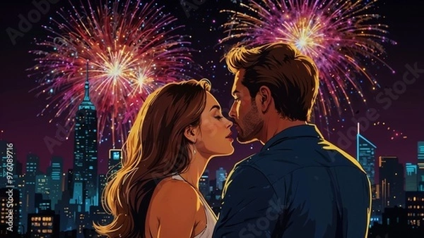 Fototapeta Couple sharing a romantic moment with fireworks in the background of a city skyline