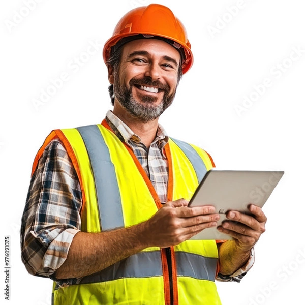 Obraz A construction manager with a digital tablet, smiling confidently as if overseeing a project. isolated on transparency background
