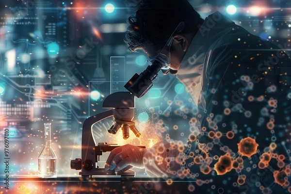 Fototapeta A scientist examines a sample under a microscope in a modern laboratory, surrounded by digital data and colorful molecular structures.