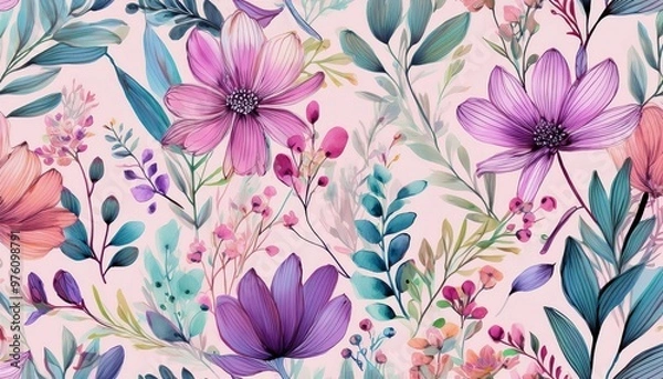 Fototapeta floral seamless pattern with drawing watercolor abstract flowers and plants