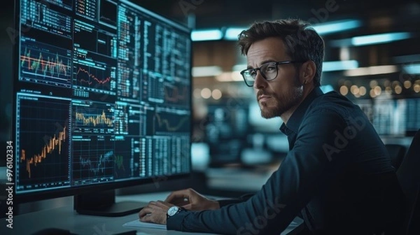 Obraz A financial analyst working on a complex financial model in a minimalist, brightly lit office with modern technology.