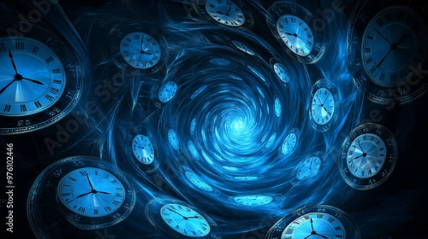 Fototapeta Blue swirling time vortex with multiple clocks and abstract background