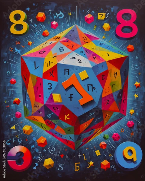 Fototapeta Colorful 3d cube with numbers and symbols on grunge background