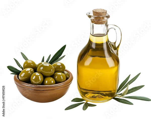 Obraz Olive Oil with Olives in a Bottle Isolated on Transparent Background