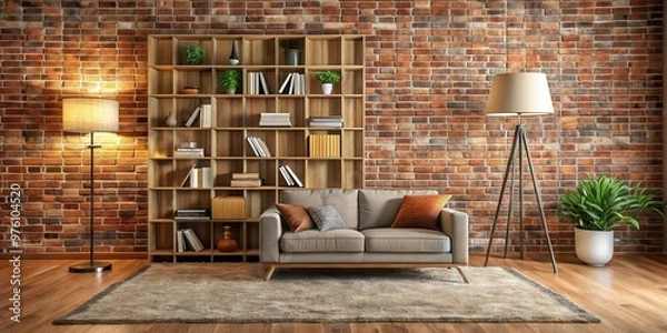 Fototapeta Brick wall home bookshelf with lamp and rug in cozy living room interior
