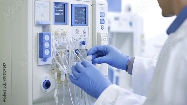 Fototapeta A medical scene showing a doctor setting up a dialysis machine for a patient. 
