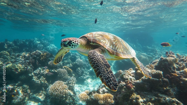 Fototapeta A turtle swimming in a deep ocean underwater surrounded by fish and corals