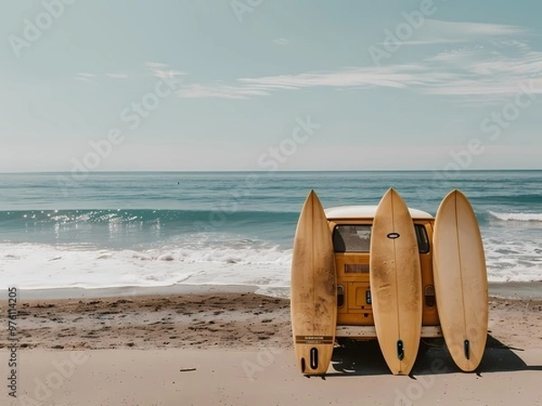 Fototapeta AI-Generated image of Three surfboards are leaning against a yellow van on a beach