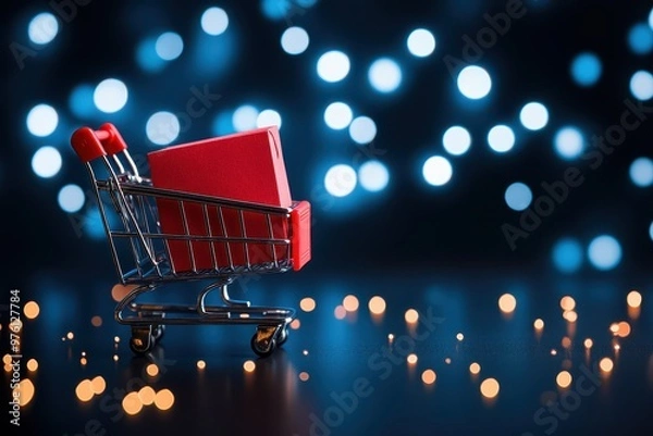 Fototapeta A vibrant shopping cart with a red box against a blurred, colorful background, perfect for retail and ecommerce themes.