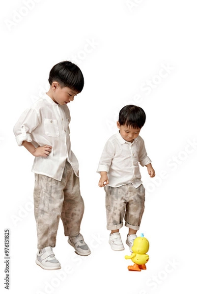 Fototapeta Two young Asian children in casual outfits playing with a toy duck, isolated on white background. Perfect for parenting and childhood themes. transparent PNG white background.