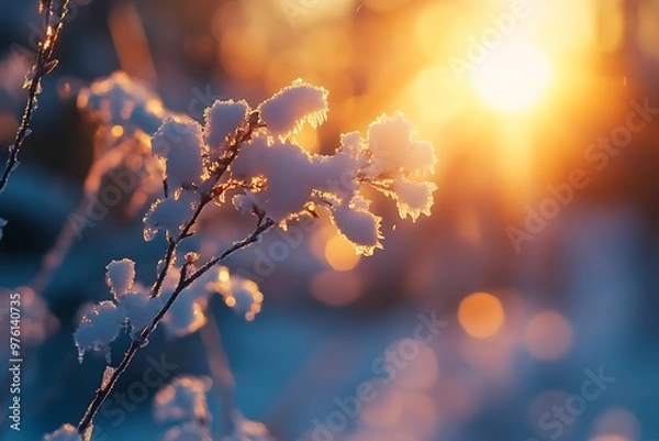 Obraz Frozen branch covered in snow with golden sunset light