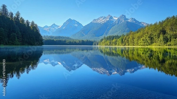 Fototapeta A serene mountain lake reflecting snow-capped peaks and lush forest