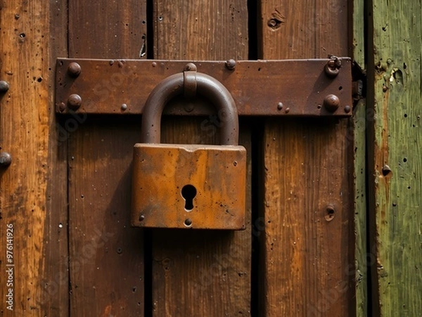 Fototapeta Old rusted lock on a weathered gate.