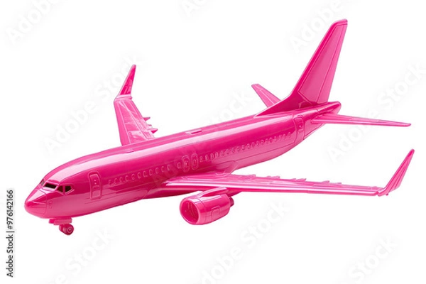 Obraz A bright pink toy airplane rests on a white background, symbolizing playfulness and childhood adventures in the aviation world