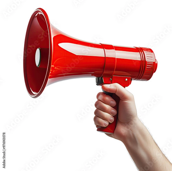Fototapeta Hand holding a red megaphone against a white background during a public announcement or event