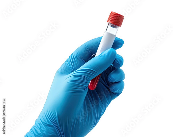 Fototapeta Hand holding a test tube with blood sample in a laboratory setting, captured in bright lighting