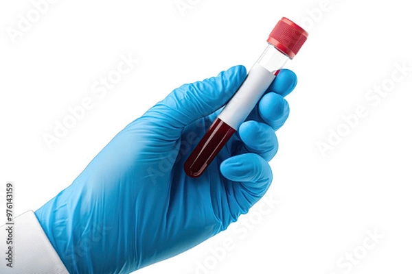 Fototapeta A healthcare professional holds a blood sample in a laboratory setting while wearing protective gloves during testing procedures