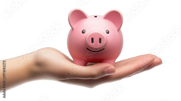 Fototapeta A hand holding a cheerful pink piggy bank symbolizing savings and financial security indoors in a well-lit environment