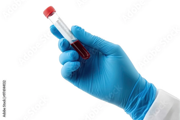 Fototapeta A hand in a blue glove holds a blood sample in a test tube for laboratory analysis in a clinical setting