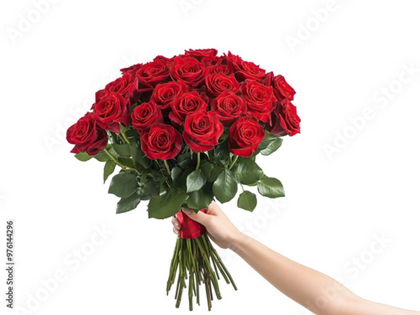 Obraz A hand presents a vibrant bouquet of red roses with lush green leaves against a white background, perfect for celebrations and special moments