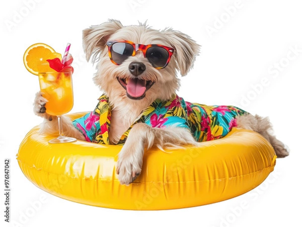 Fototapeta A cheerful dog wearing sunglasses relaxes in a yellow pool float while enjoying a tropical drink during summer fun