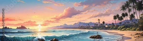 Fototapeta A romantic illustration of a secluded beach at sunset, with waves gently lapping