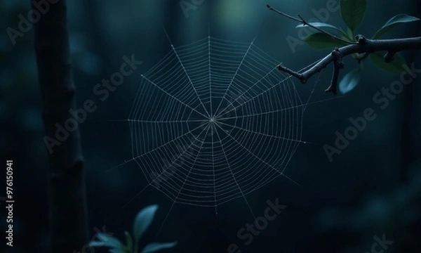 Fototapeta intricate spider webs, dark background, eerie atmosphere, detailed silk threads