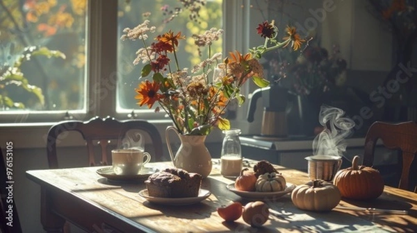 Fototapeta Bright Sunlit Kitchen Table Decorated With Fall Treats and Fresh Flowers