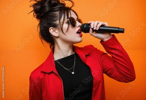 Obraz A young woman in a red jacket and black top, wearing sunglasses and a necklace, sings into a black microphone against an orange background, with her hair styled in a bun and her right hand on her hip