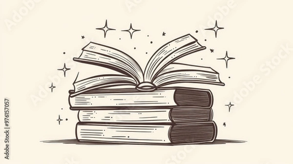 Fototapeta A stack of magic books, drawn in a simple line style, is shown open, with the concept being isolated.