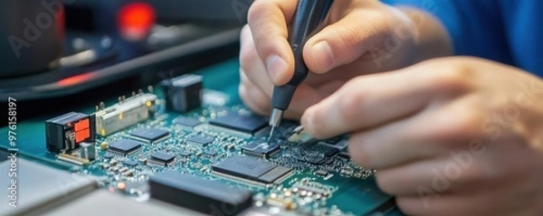 Fototapeta Engineer testing electronic circuit boards with precision tools, electronics quality control, component verification